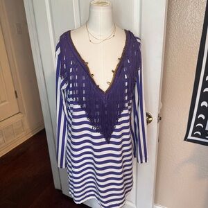 Despi short Striped Purple and White Fringe Dress gold colored details size med